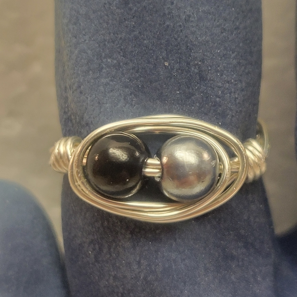 Handcrafted Silver, Black and Gray Faux Pearl Ring